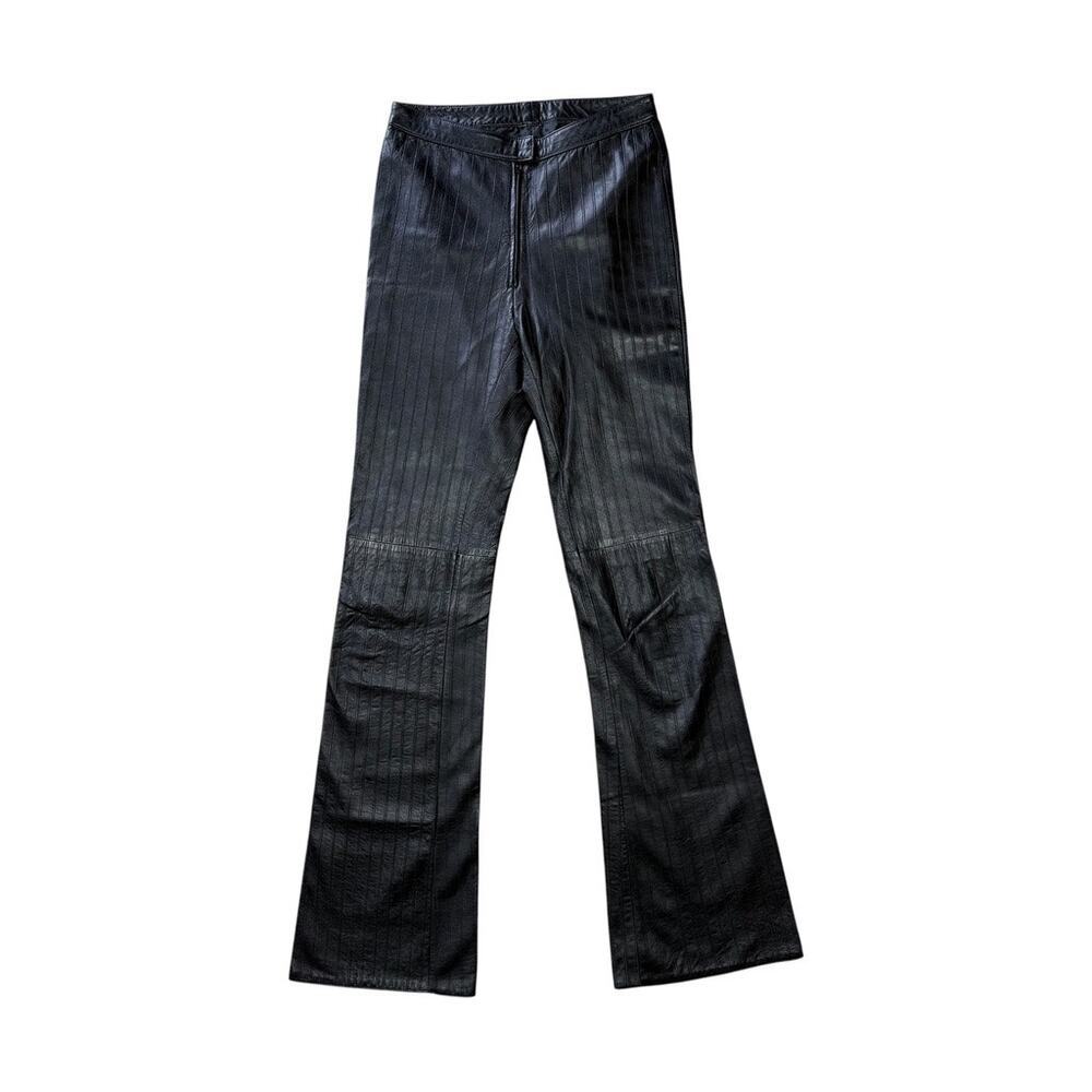 Vintage 90S y2k Cache Black Genuine Leather Stripe Bootcut Pants Size 6